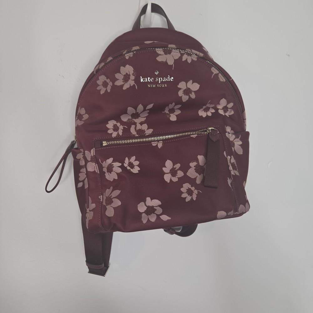 Kate Spade Chelsea Medium Backpack‎ Burgundy Floral Jacquard Nylon Bag